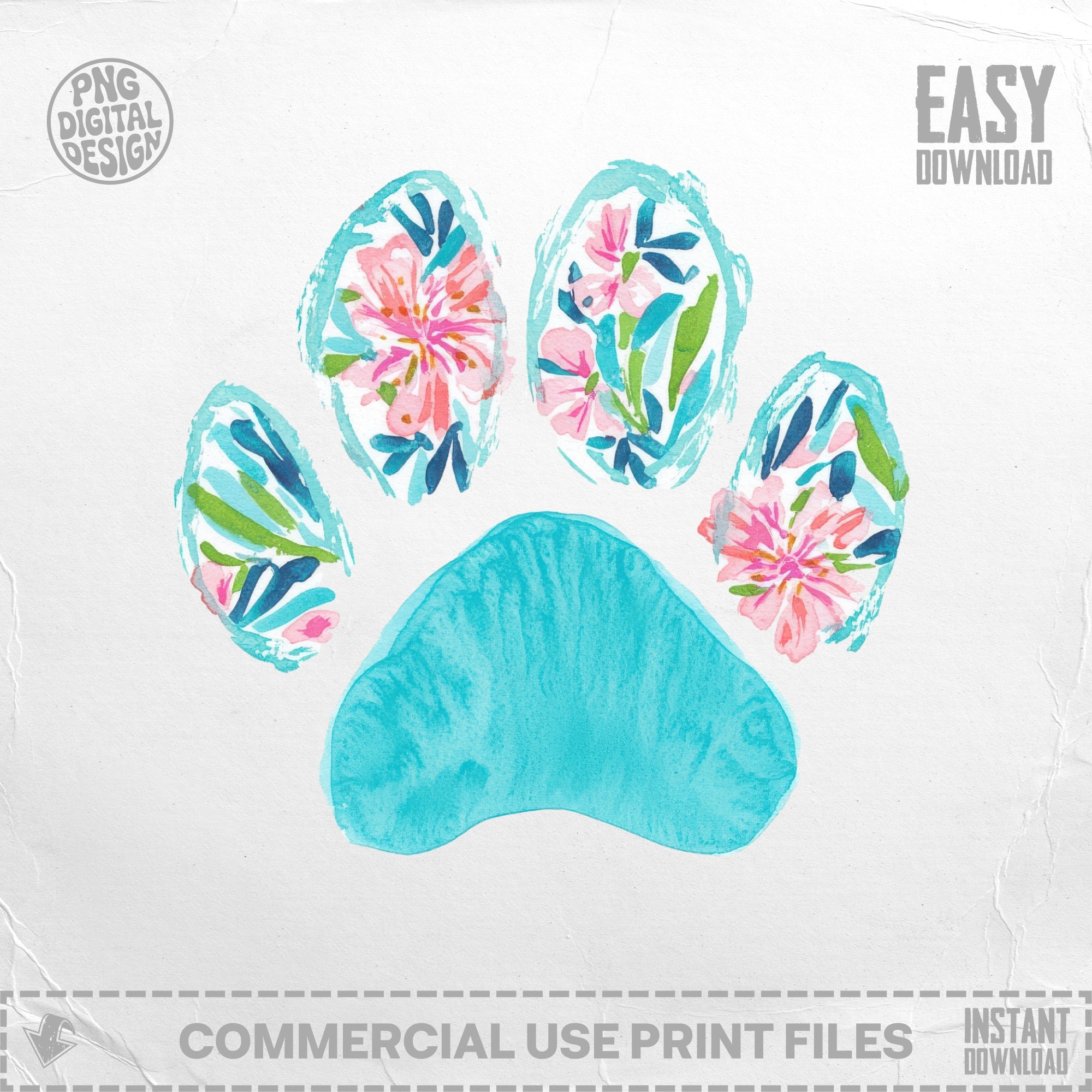 Watercolor paw print with pink and blue floral accents and "Easy Download" text.