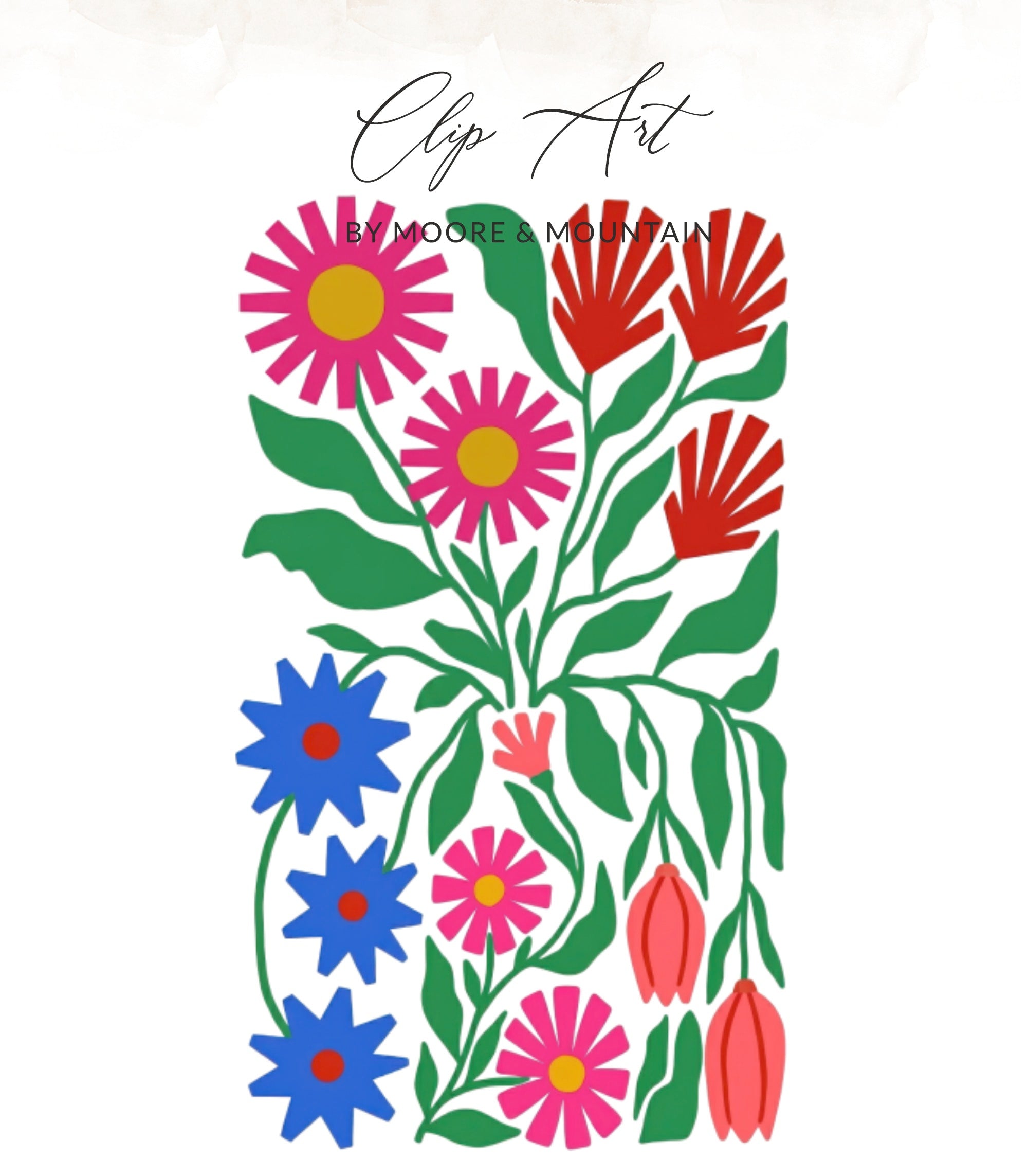 Colorful folk art floral illustration with "Clip Art BY MOORE & MOUNTAIN" text.