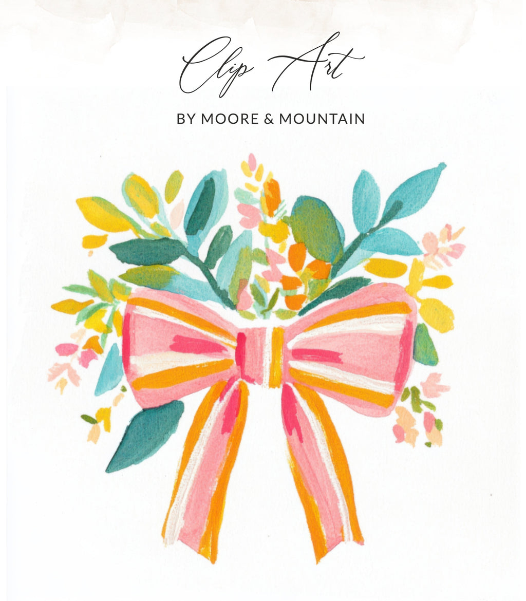 Pink and orange bow with colorful floral accents by Moore & Mountain.