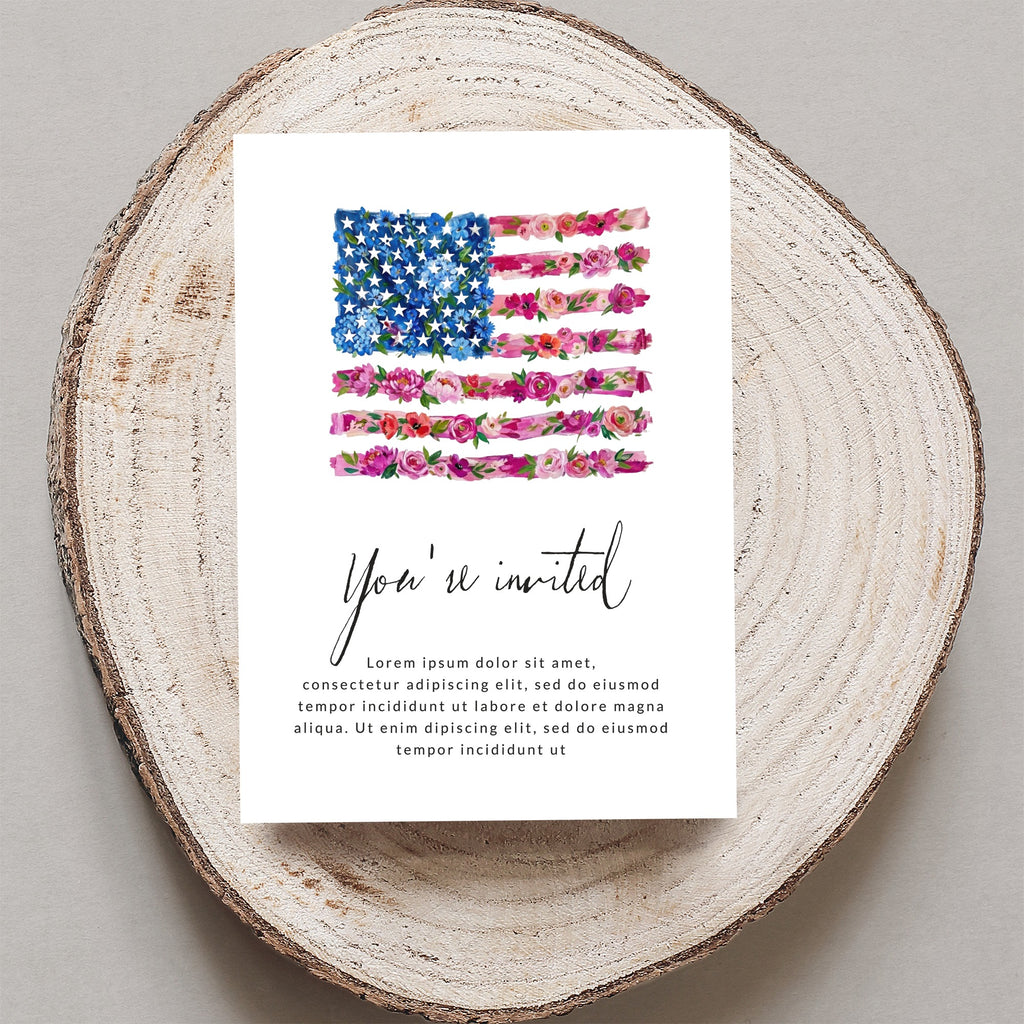 Invitation with American flag made of flowers and "You're invited" text.