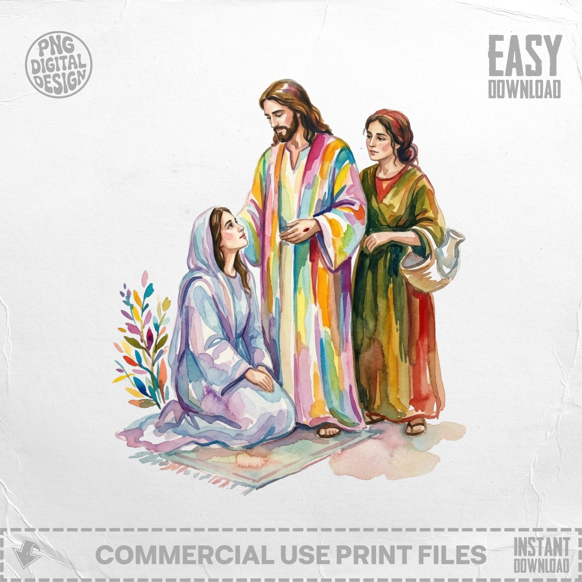 Jesus and two women, one kneeling, watercolor illustration.