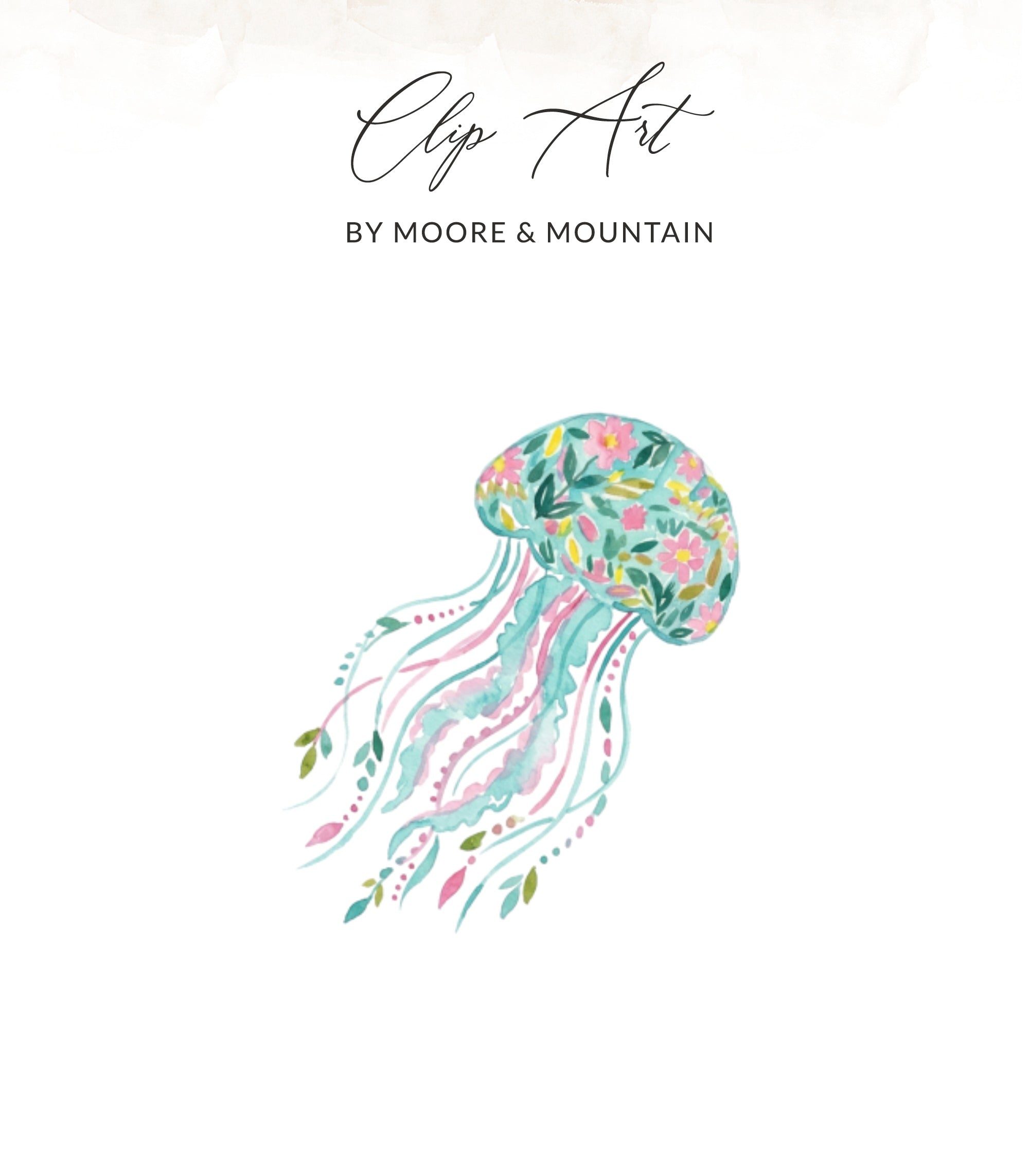 Watercolor jellyfish with floral accents and decorative tentacles.