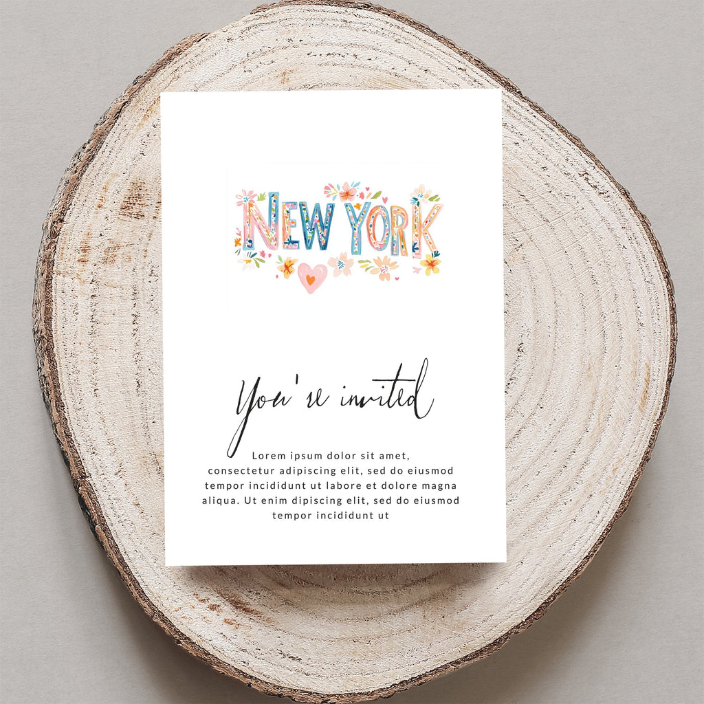 New York invitation card with floral accents and placeholder text.