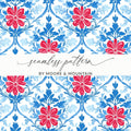 Seamless floral pattern with red flowers and blue leaves, "seamless pattern" text.