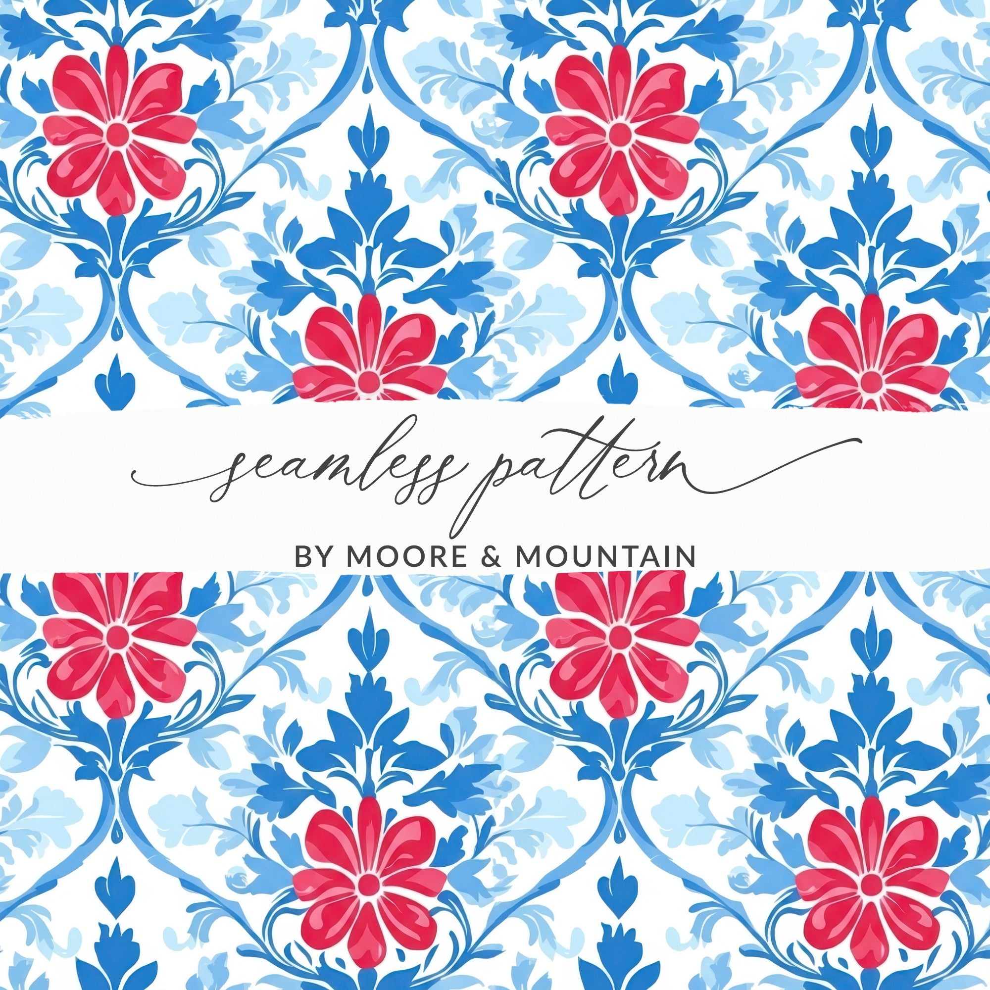 Seamless floral pattern with red flowers and blue leaves, "seamless pattern" text.