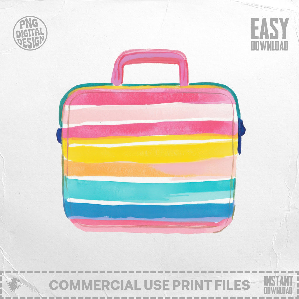 Striped lunchbox with pink handle against a light background.