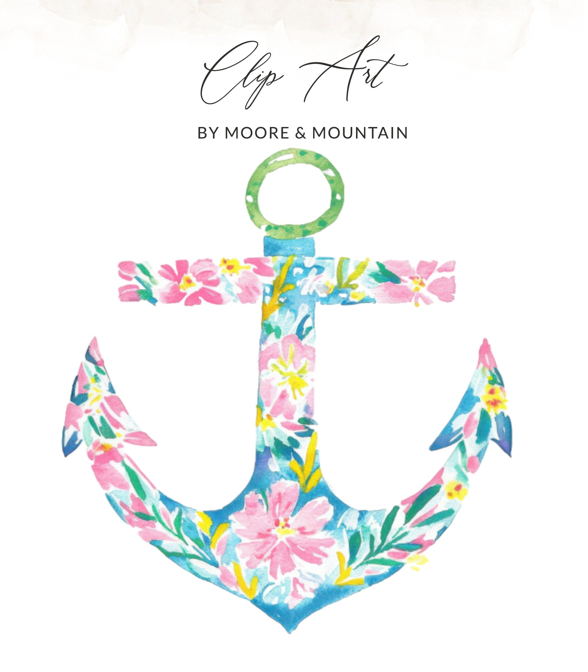 Anchor with floral watercolor pattern and "Clip Art by Moore & Mountain" text.