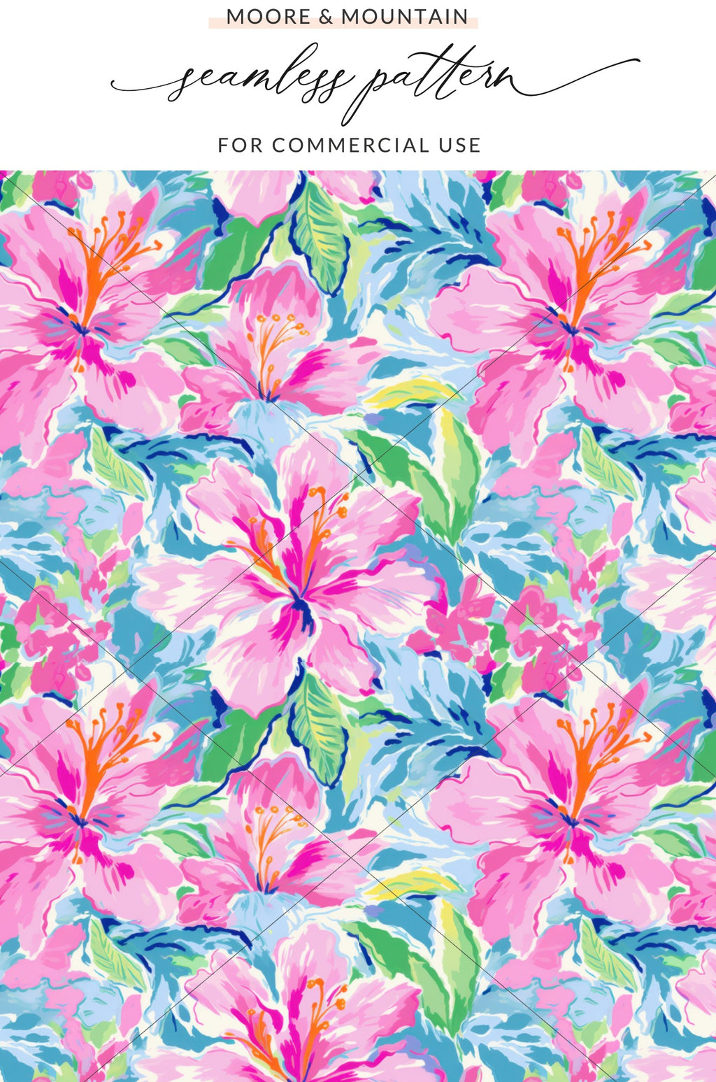Pink hibiscus flowers with green leaves on a blue abstract background pattern.