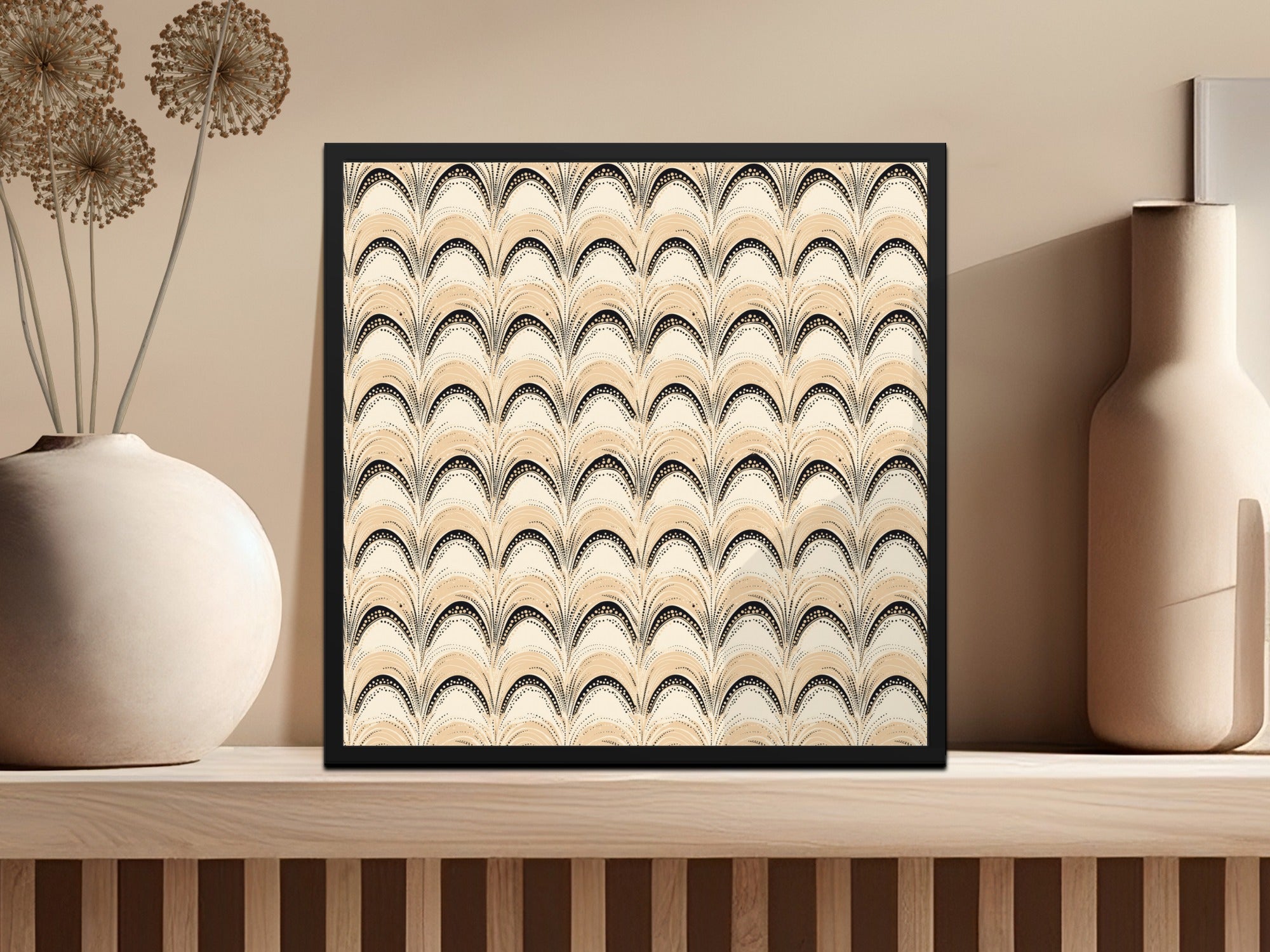 Beige and Black Art Deco Pattern Framed Wall Art