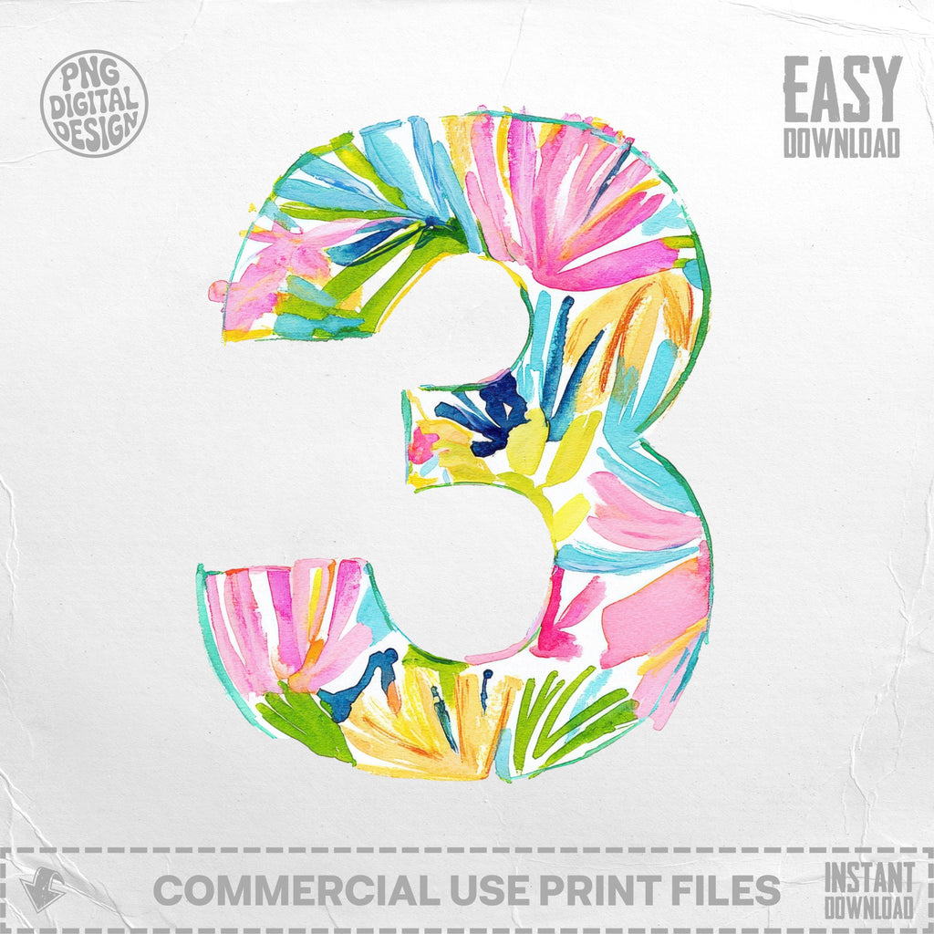Watercolor number three with floral brushstrokes, easy download, commercial use.