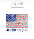 Watercolor American flag with floral design and "AMERICAN GIRL" text.