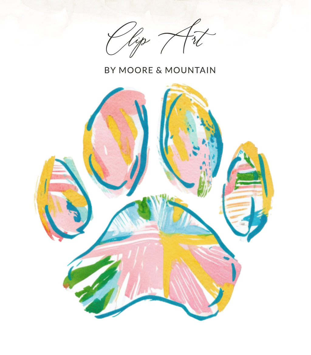 Colorful, abstract paw print with "Clip Art" and "By Moore & Mountain" text.