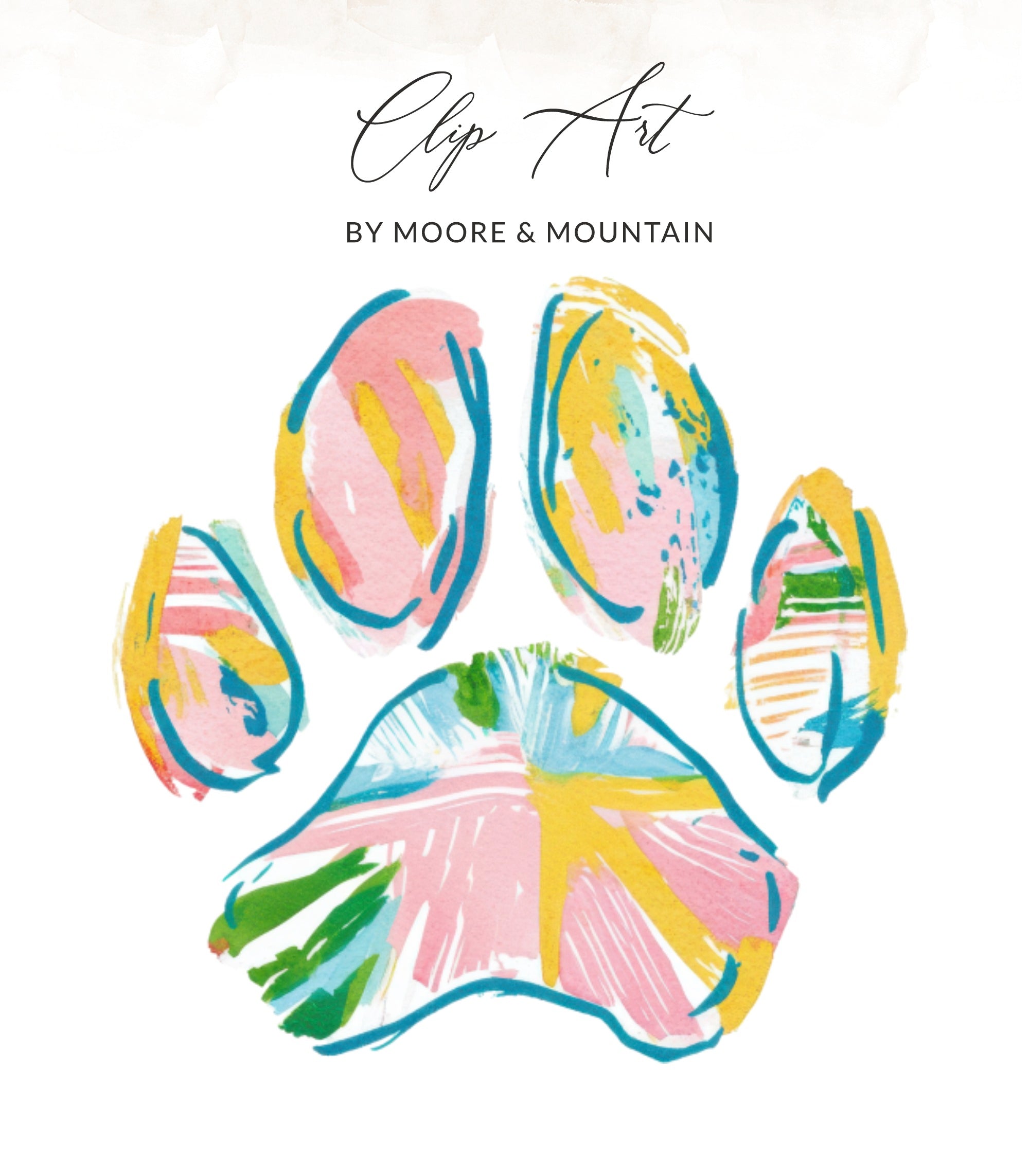 Colorful, abstract paw print with "Clip Art" and "By Moore & Mountain" text.