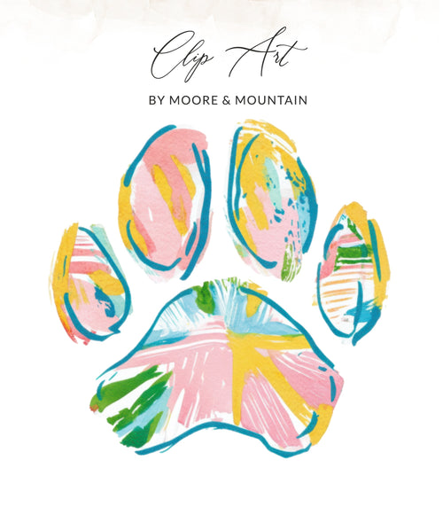 Colorful, abstract paw print with "Clip Art" and "By Moore & Mountain" text.