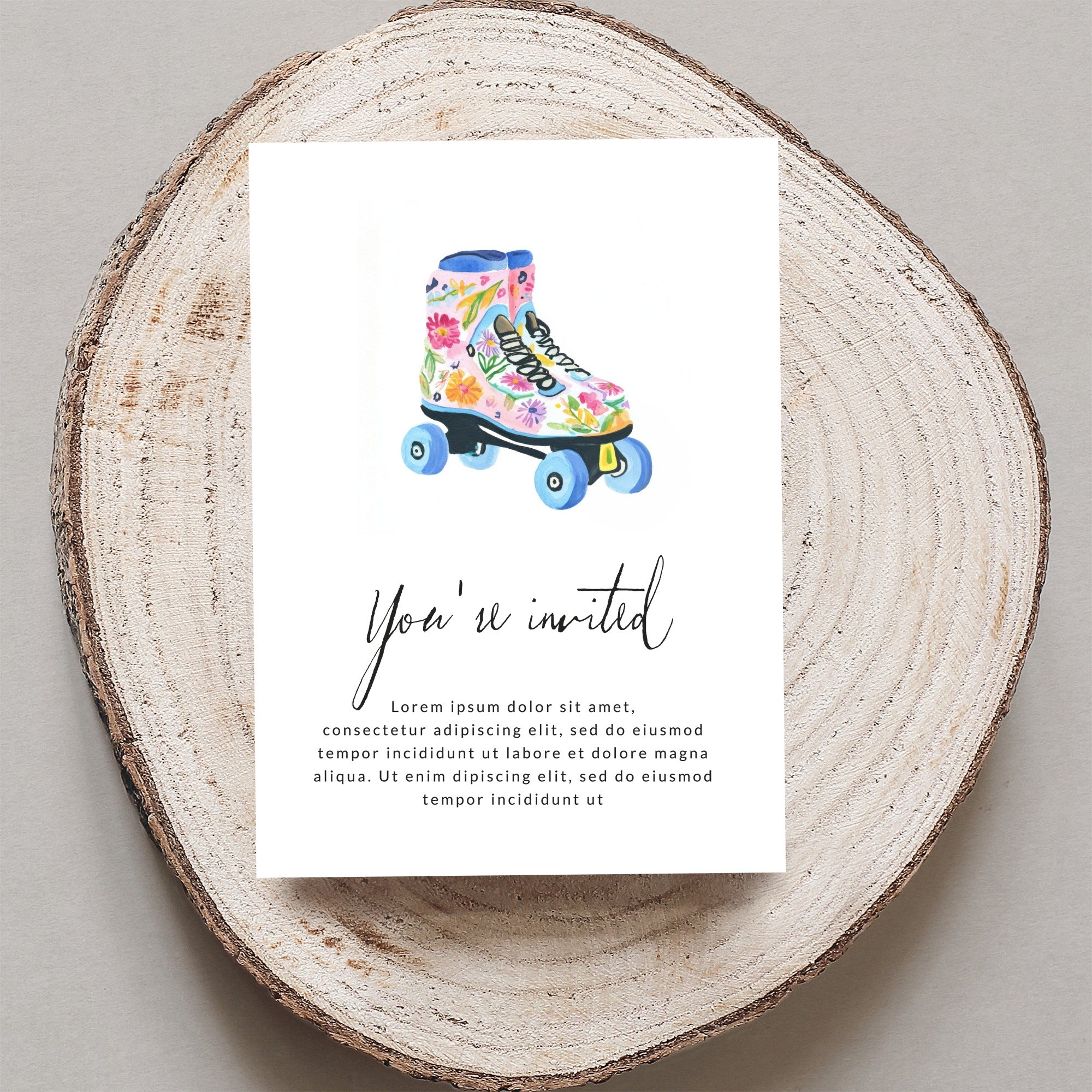 Roller skate invitation with floral details and placeholder text.