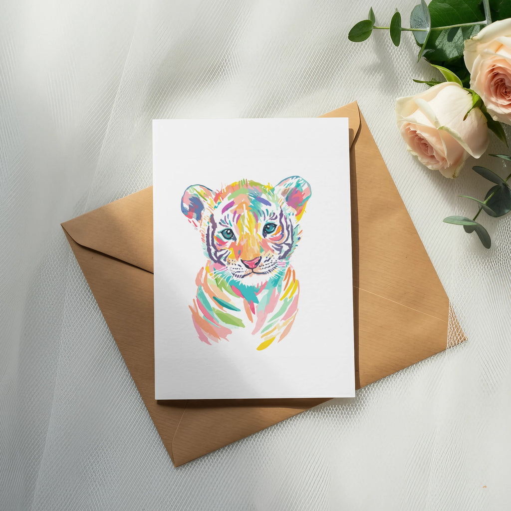 Colorful tiger cub illustration on a card atop a brown envelope.