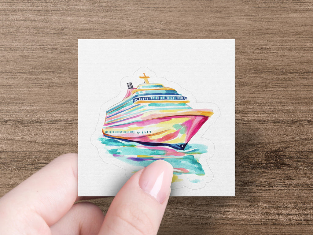 Watercolor illustration of a colorful cruise ship on water.