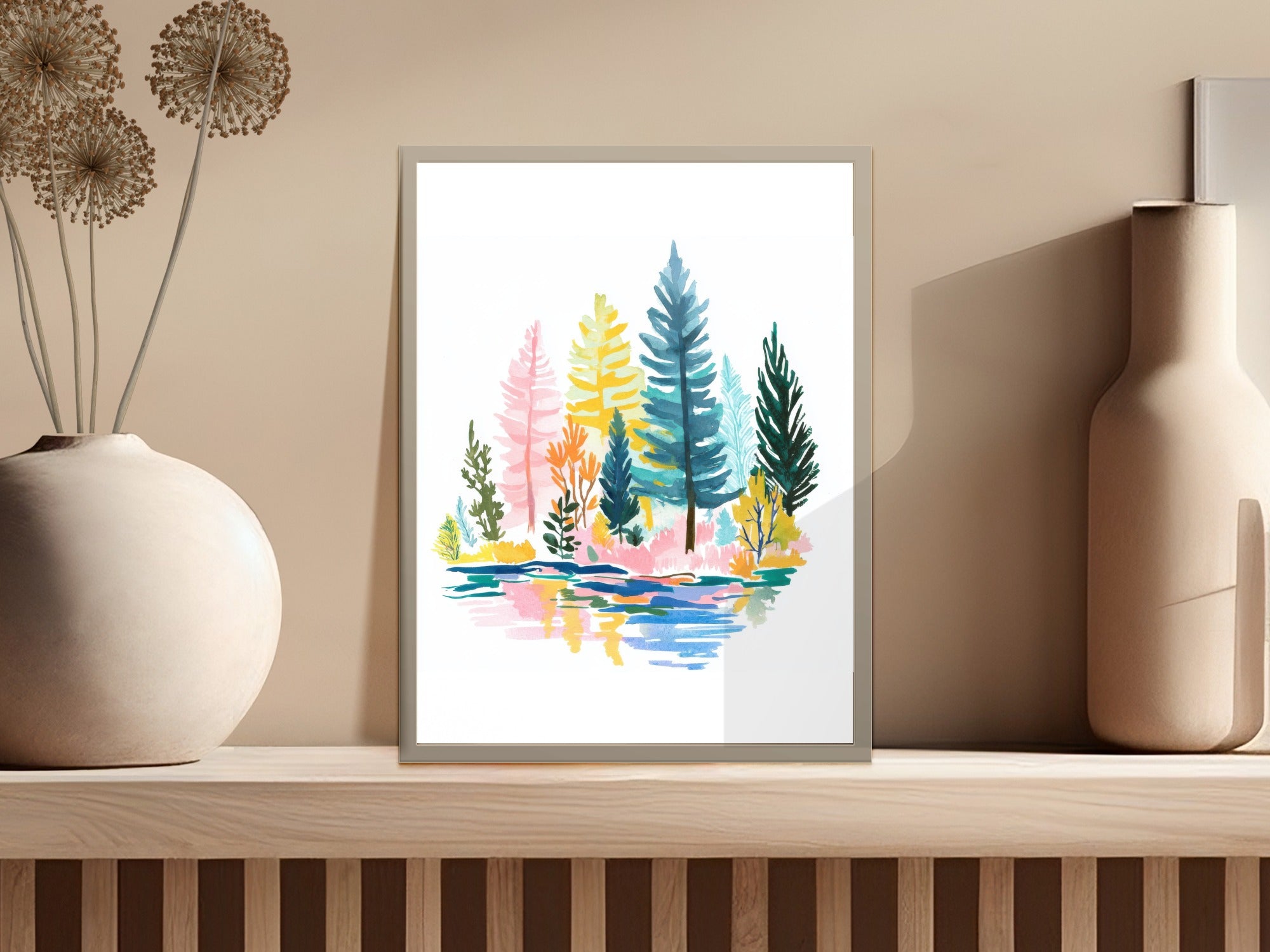 Watercolor art print featuring colorful trees and reflections in water.