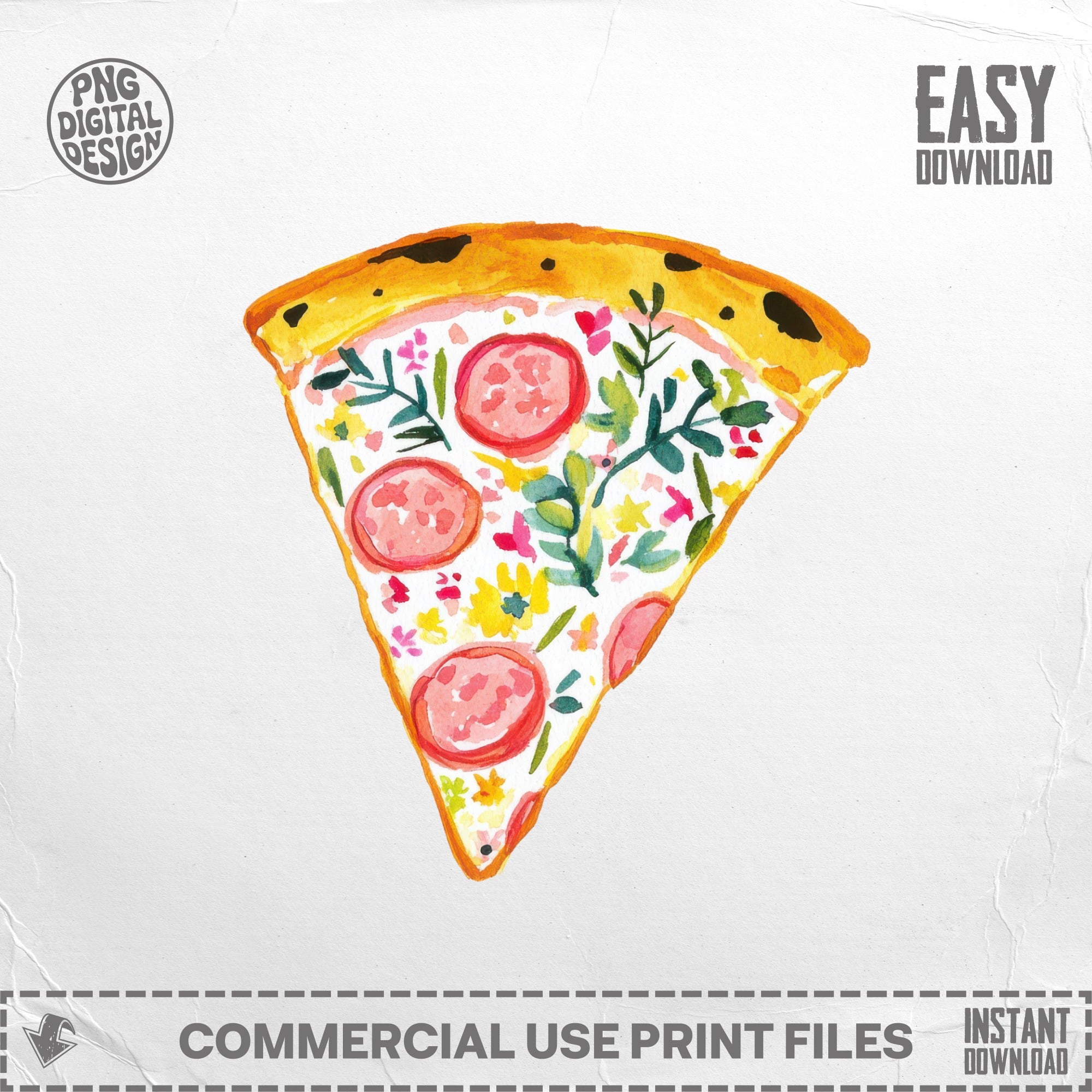Watercolor slice of pepperoni pizza with floral accents and "Easy Download" text.