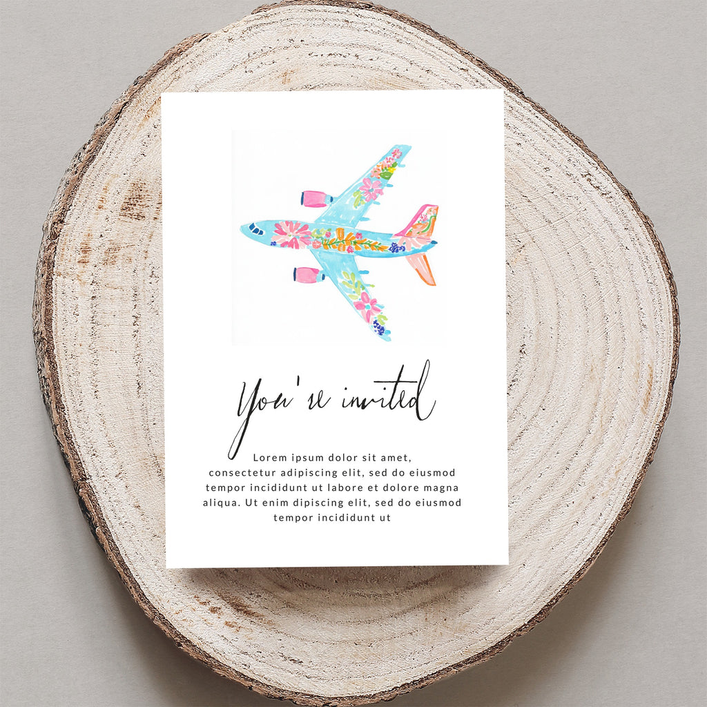 Floral airplane invitation with "You're invited" and placeholder text.