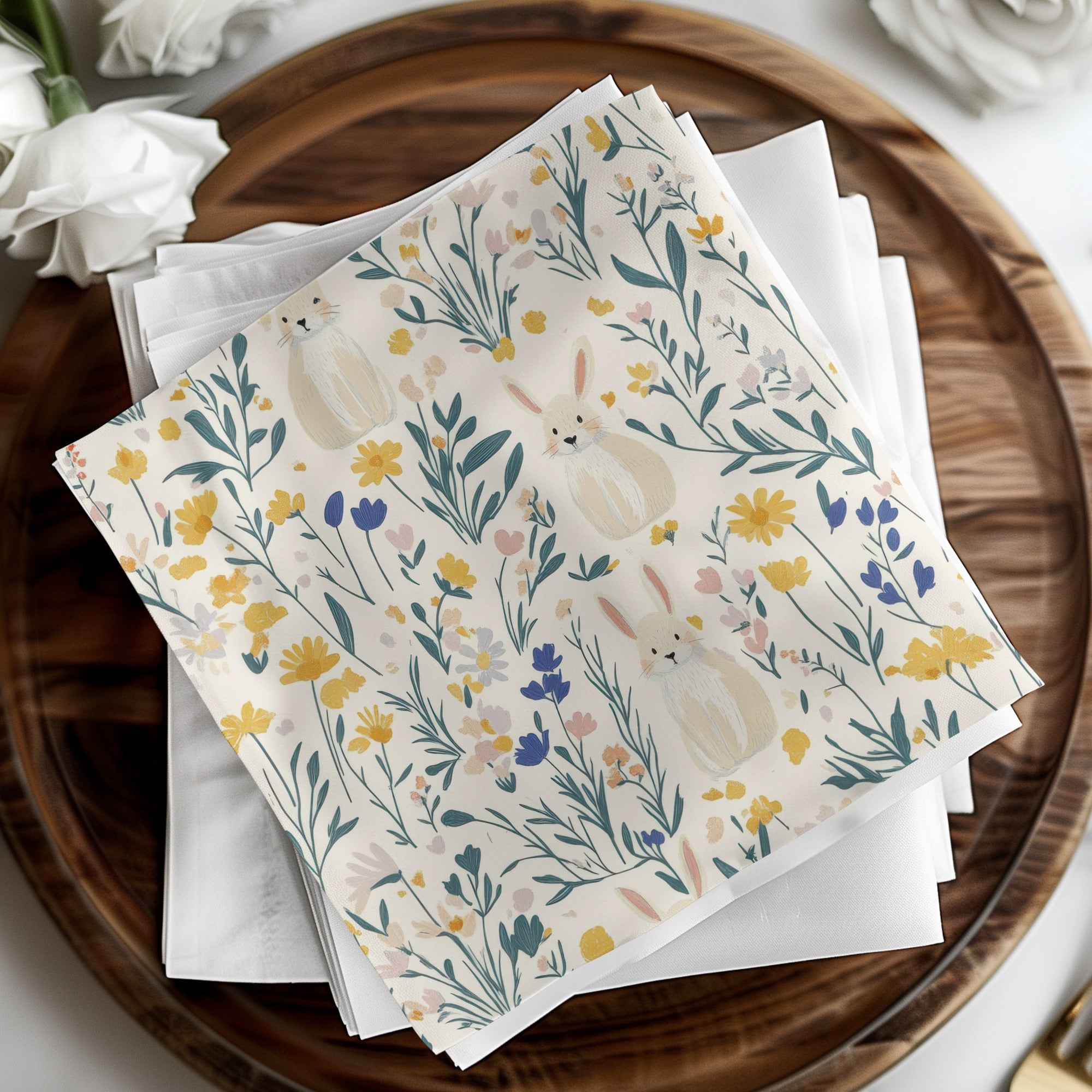 Cute Bunny and Floral Print with Yellow Flower Pattern