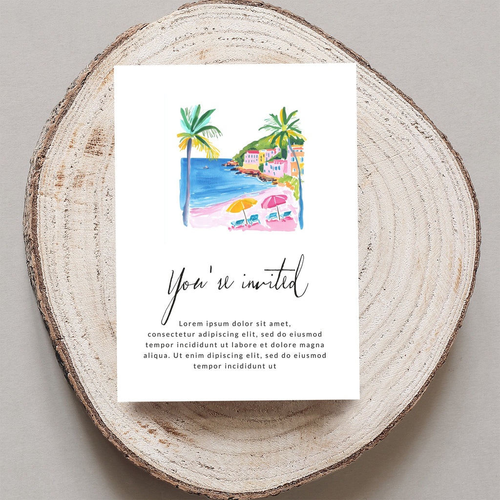 Watercolor postcard with beach scene and "You're invited" text.