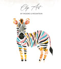 Watercolor illustration of a colorful zebra with "Clip Art" text.