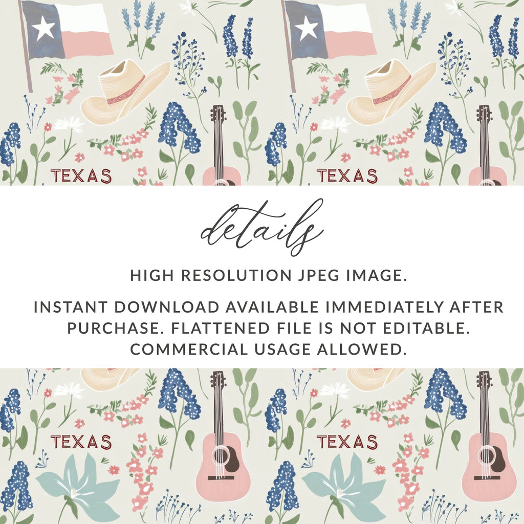 Texas themed pattern with hats, guitars, flags, and flowers.