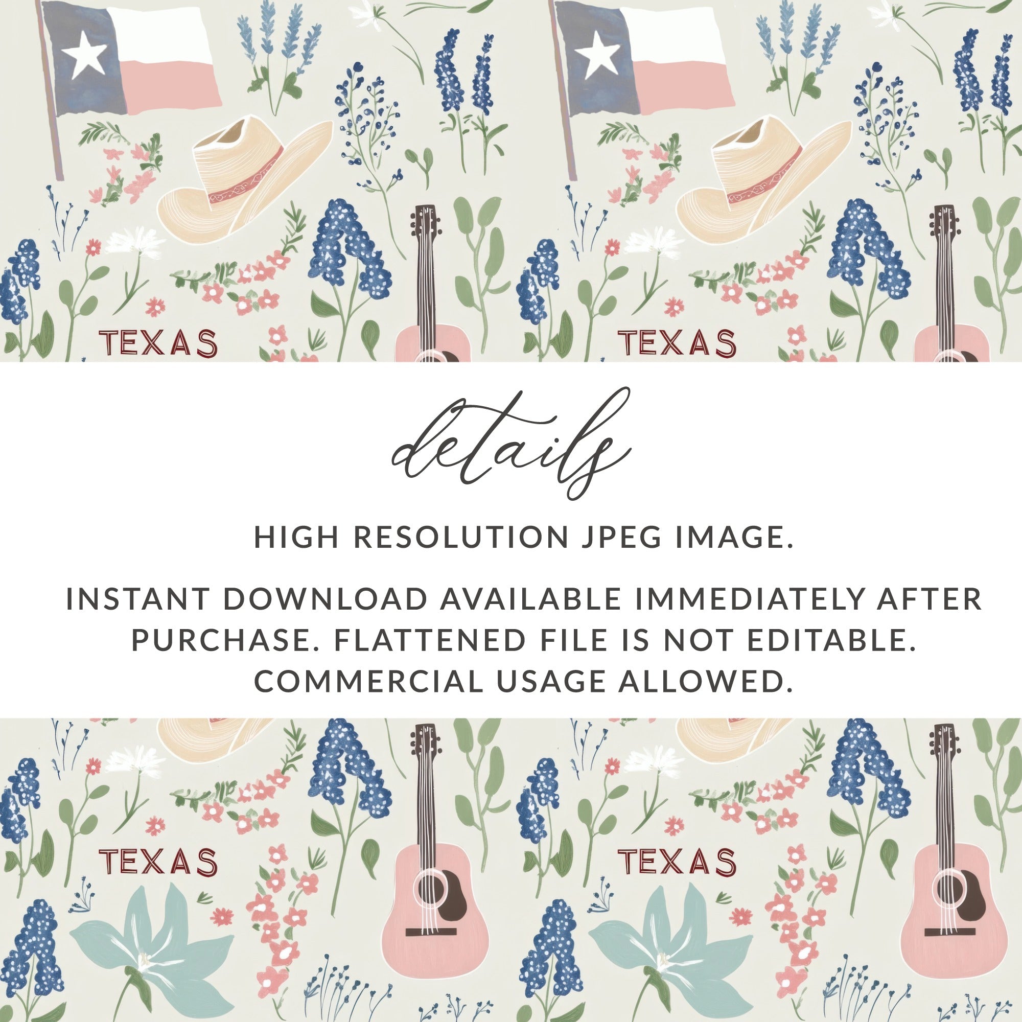 Texas themed pattern with hats, guitars, flags, and flowers.