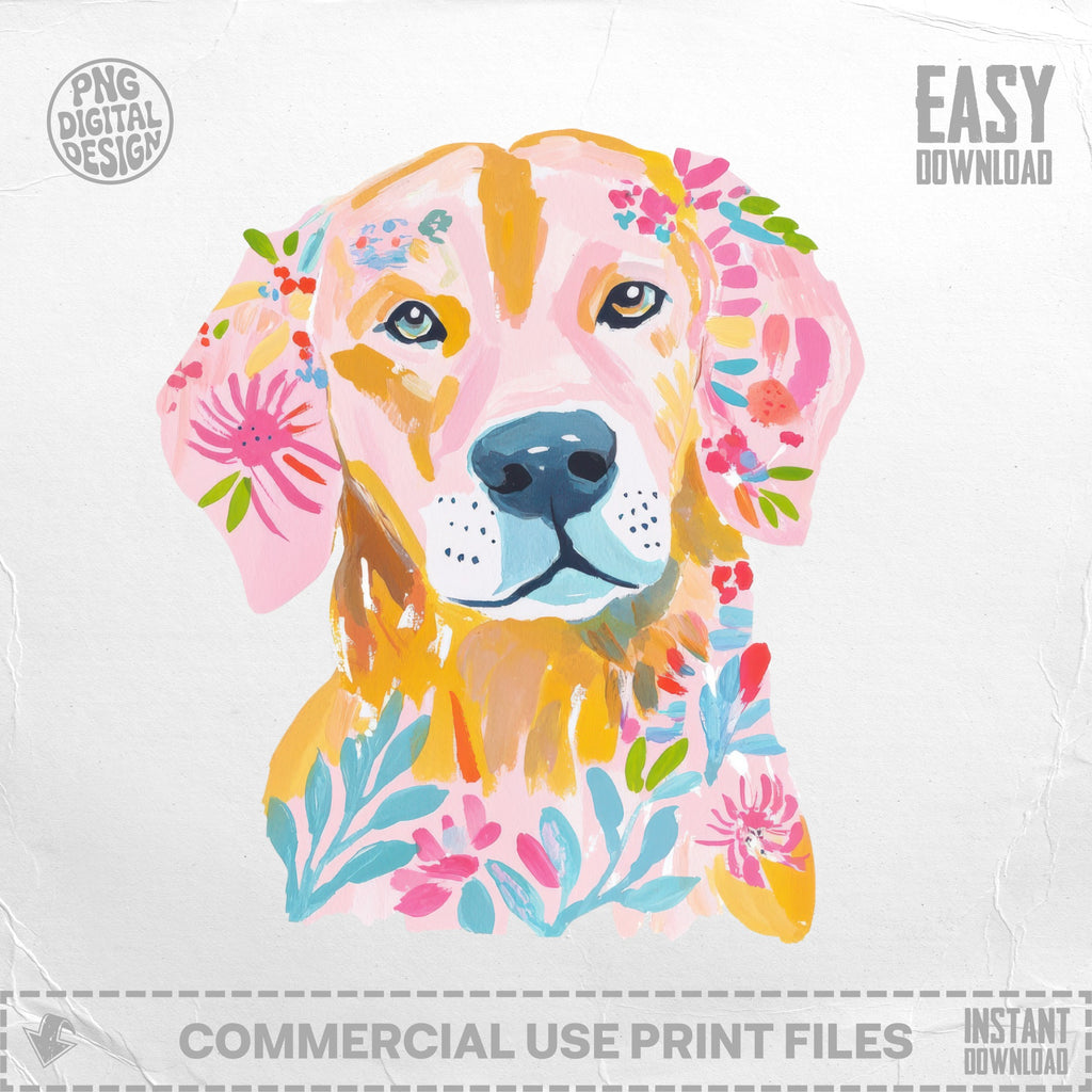 Golden retriever portrait with colorful floral accents.