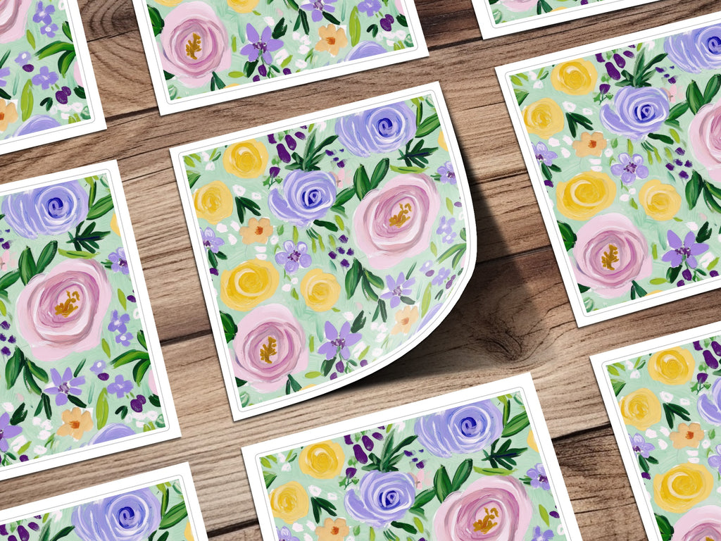 Fine Art Floral Seamless Pattern, Acrylic Floral Print, Pastel Flowers Digital Paper, Mint Green Floral Pattern, Fabric Design