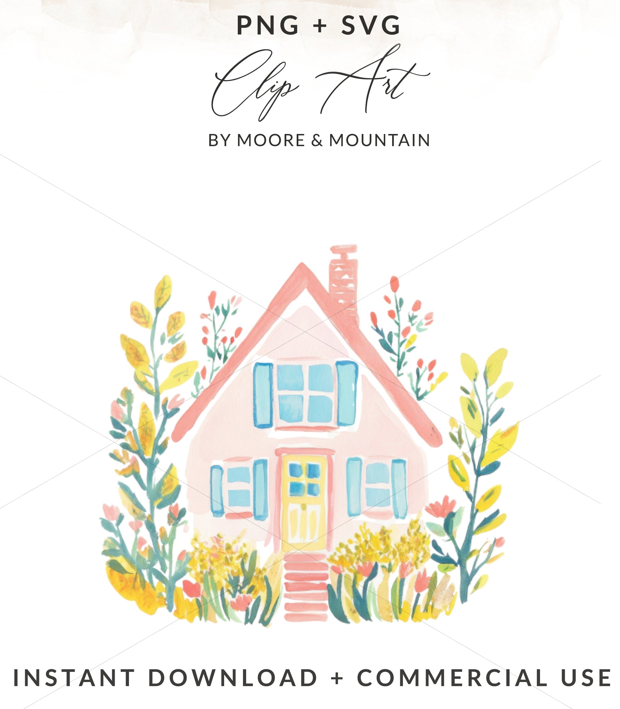 Pink watercolor house with blue shutters, yellow door, surrounded by flowers and foliage.