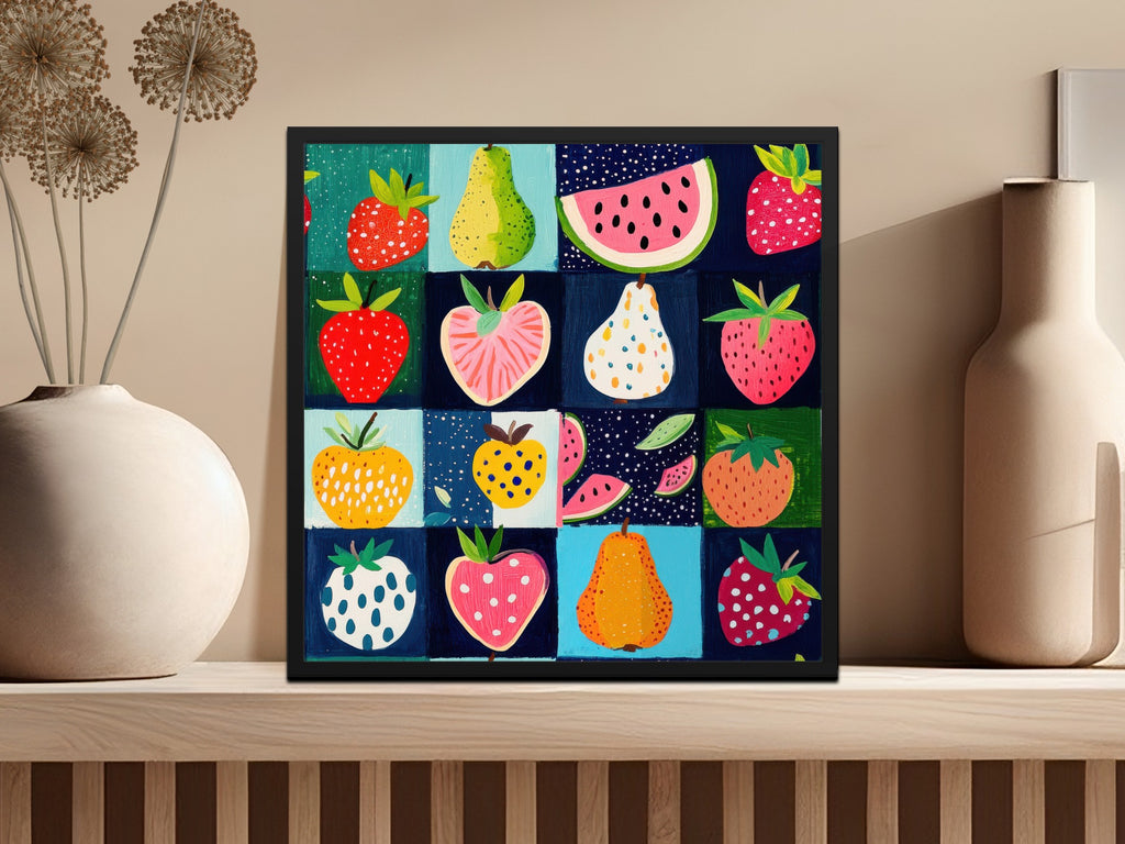 Colorful Fruit Illustration on Blocks Wall Art Decor