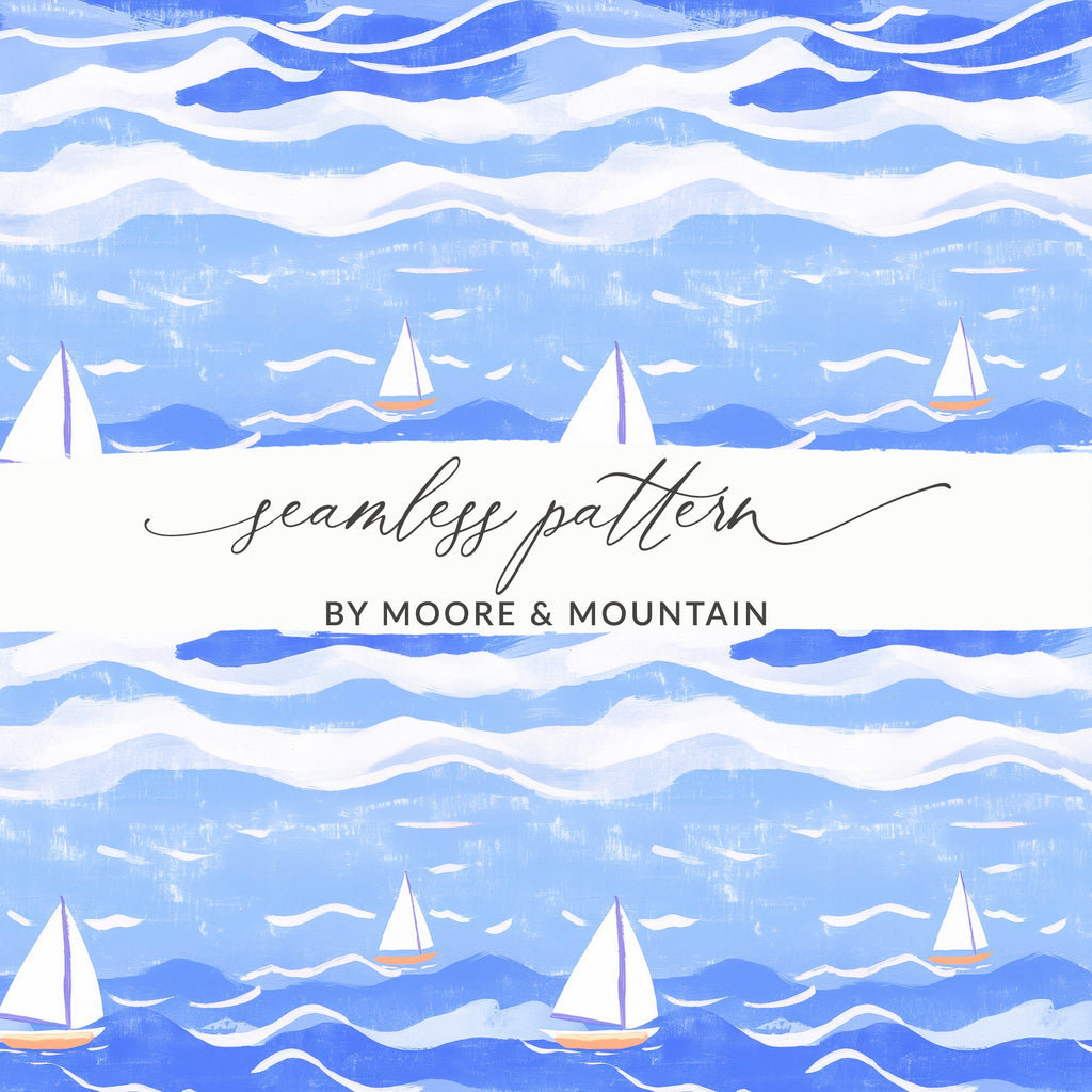 Nautical Digital Paper, Sailing Boat Pattern, Blue Sea Illustration, Seamless Texture, Scrapbook Paper, Downloadable Art, JPEG Files