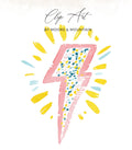 Pink lightning bolt with abstract dots and yellow sunburst accents.