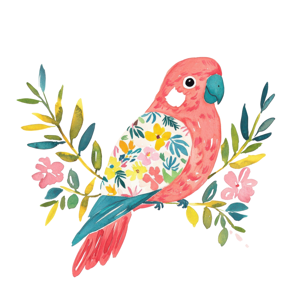Coral parrot with floral patterned chest perched on branch with colorful flowers.