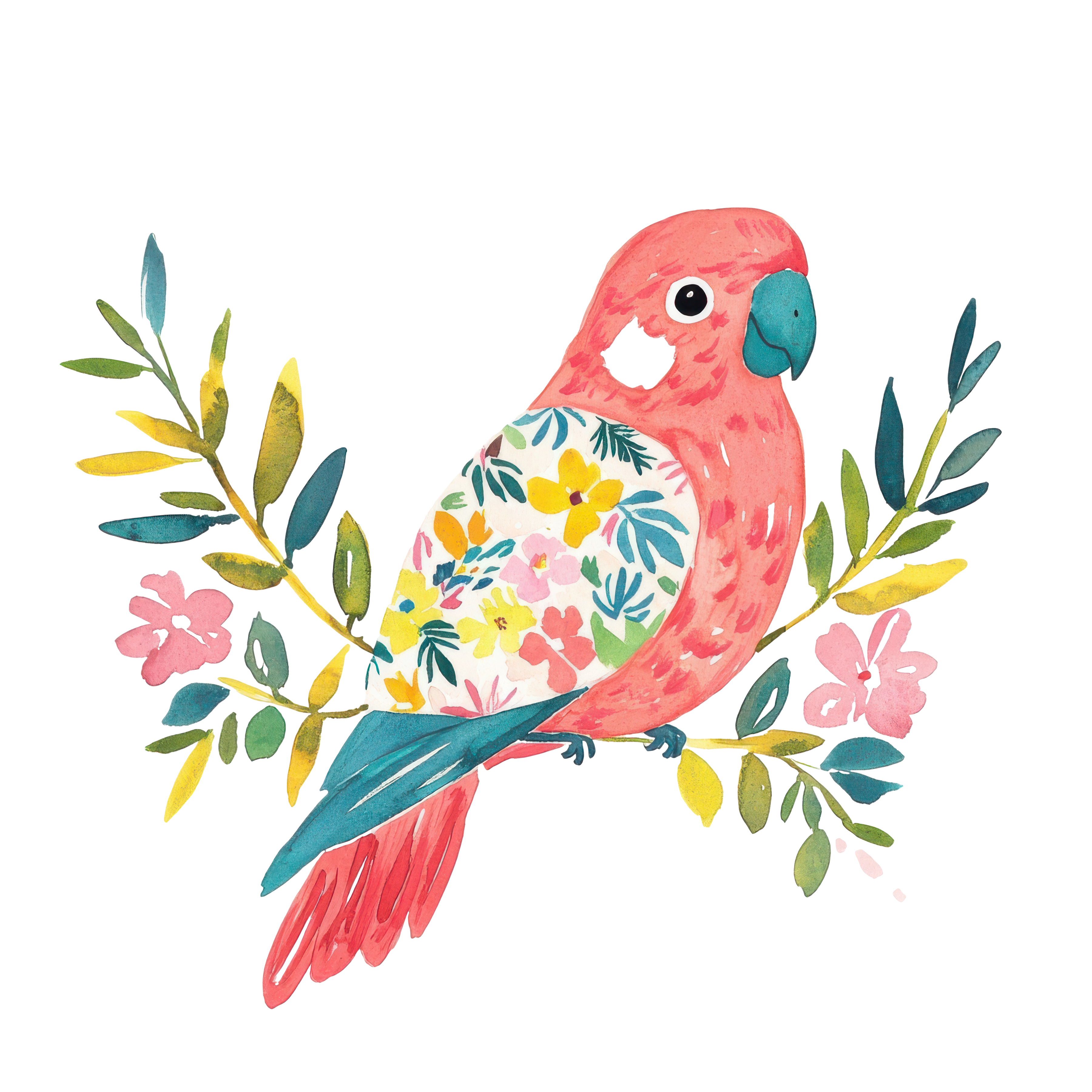 Coral parrot with floral patterned chest perched on branch with colorful flowers.