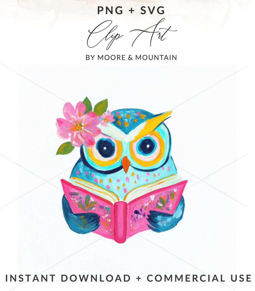 Cartoon owl with pink flowers on head reading a book.