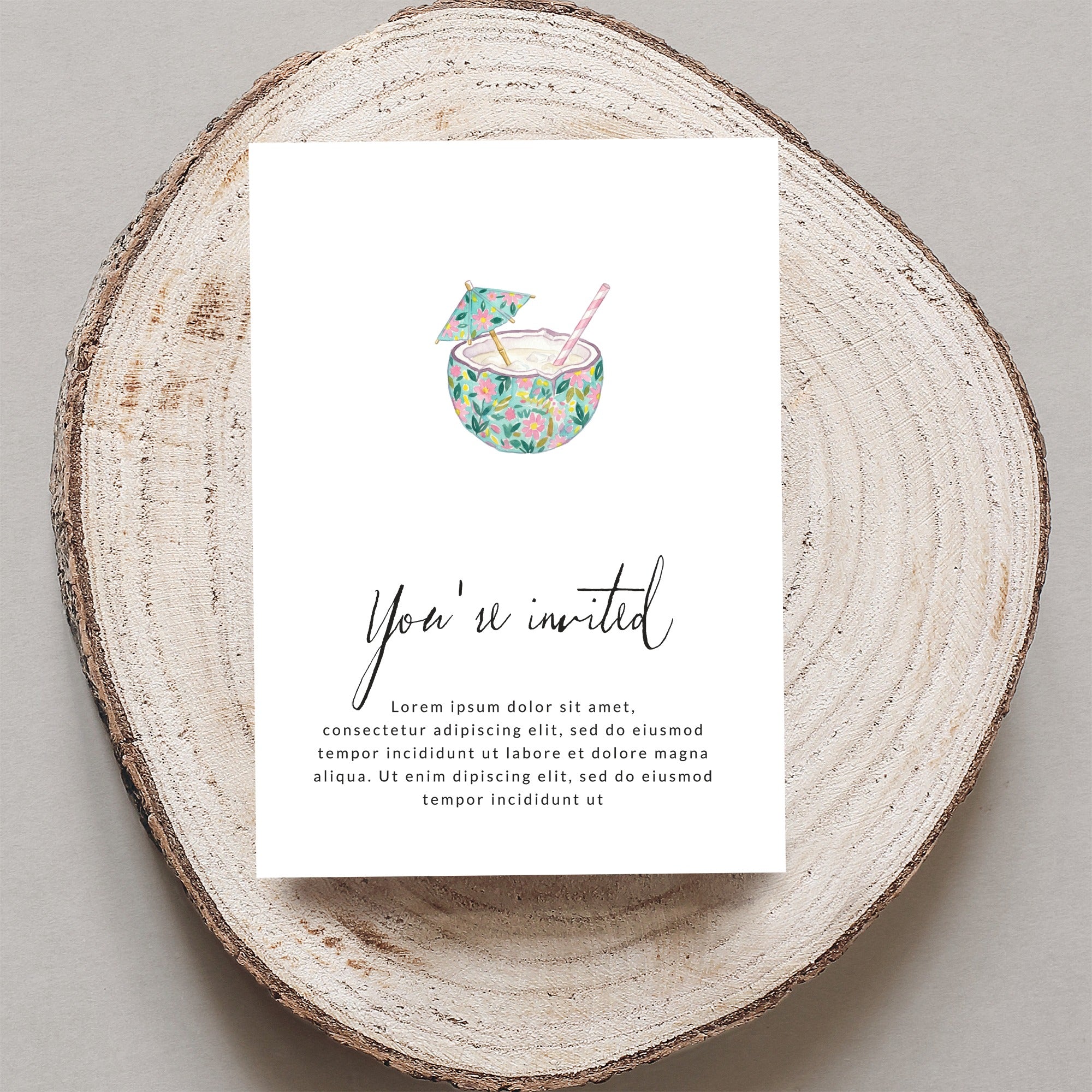 Invitation card with "You're invited" and tropical drink illustration.