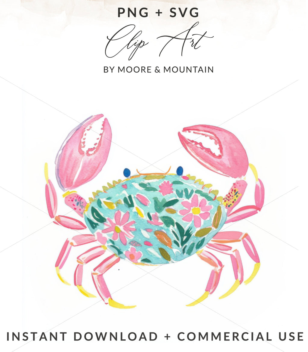 Pink and blue floral crab clip art, INSTANT DOWNLOAD + COMMERCIAL USE.