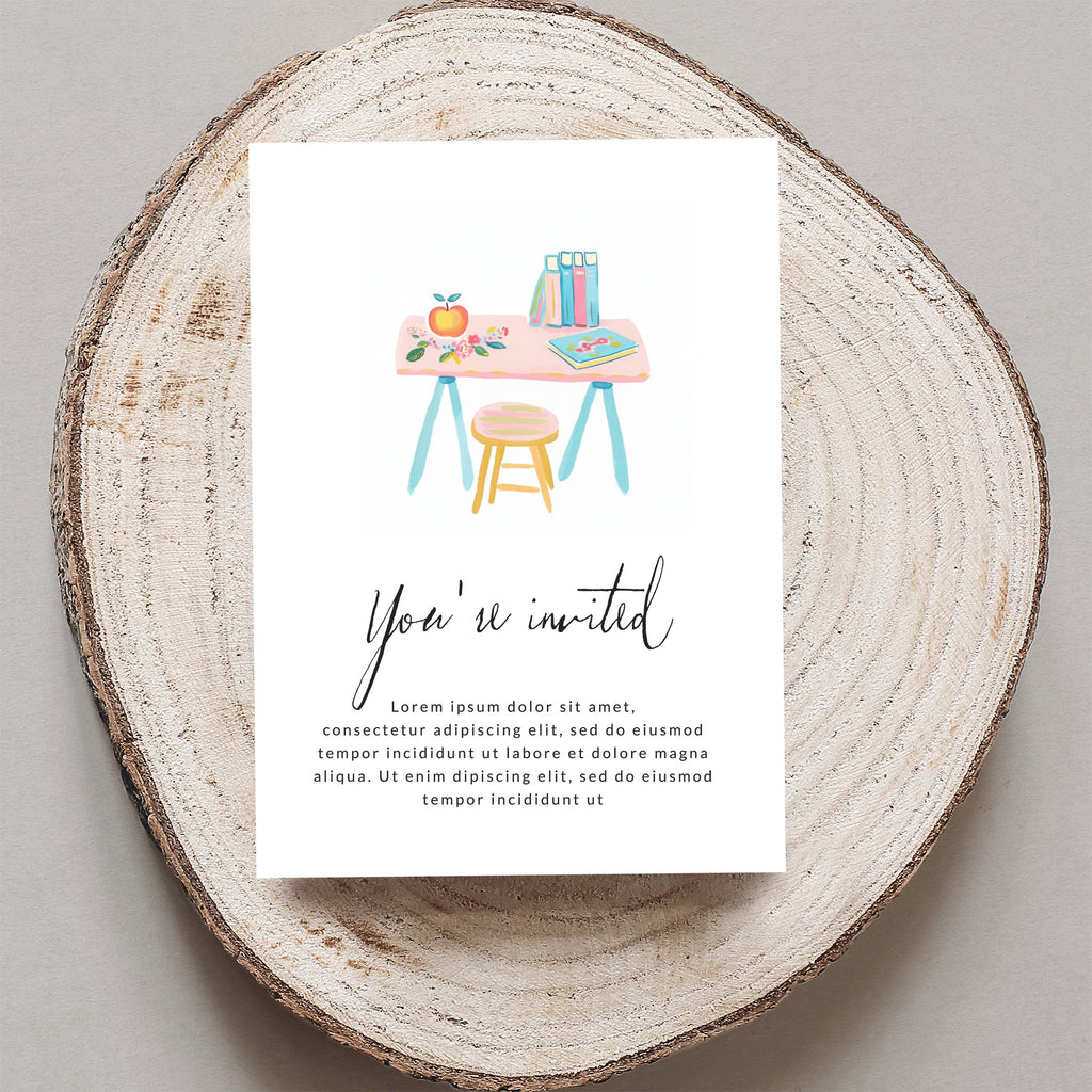 Invitation with watercolor desk scene and "You're invited" text.