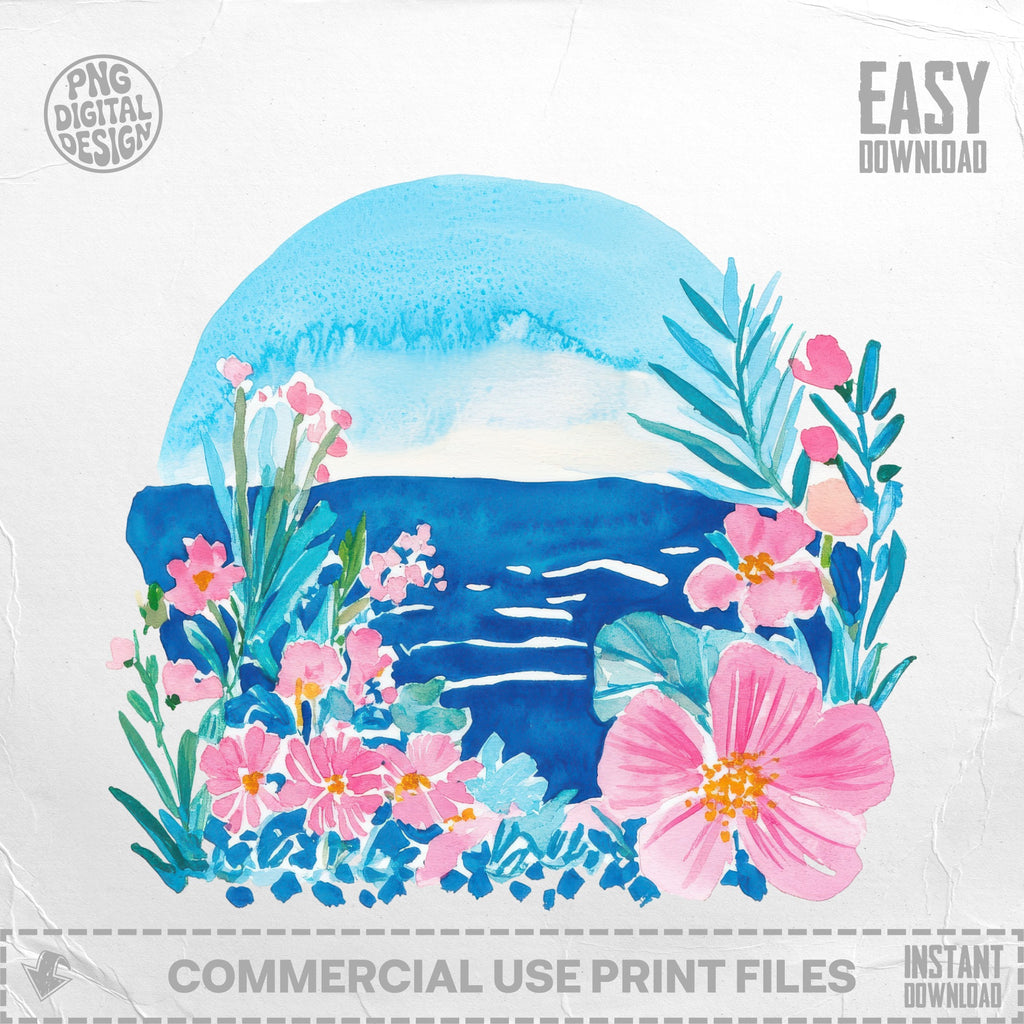 Watercolor floral design with tropical flowers and foliage against a blue sky and sea.