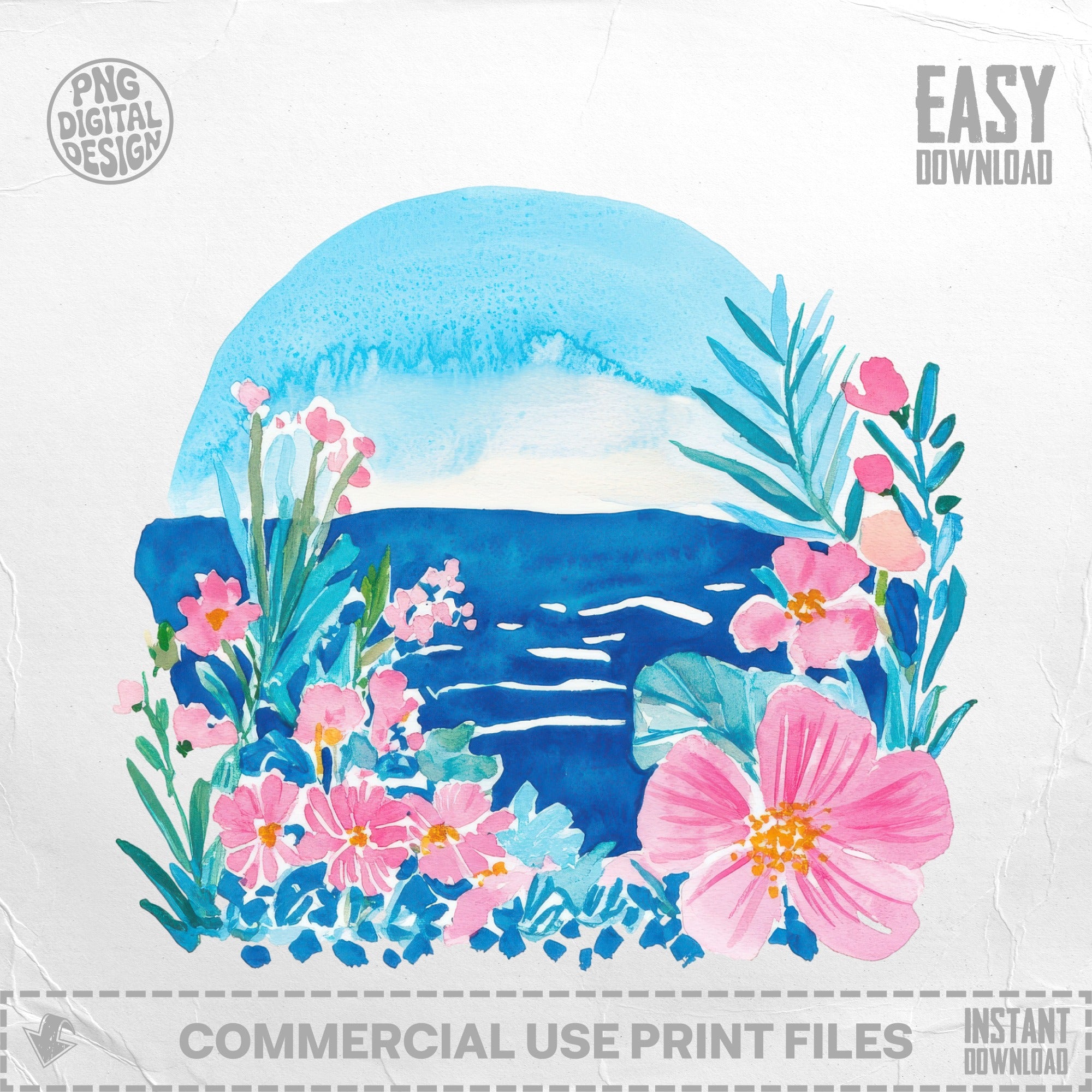 Watercolor floral design with tropical flowers and foliage against a blue sky and sea.
