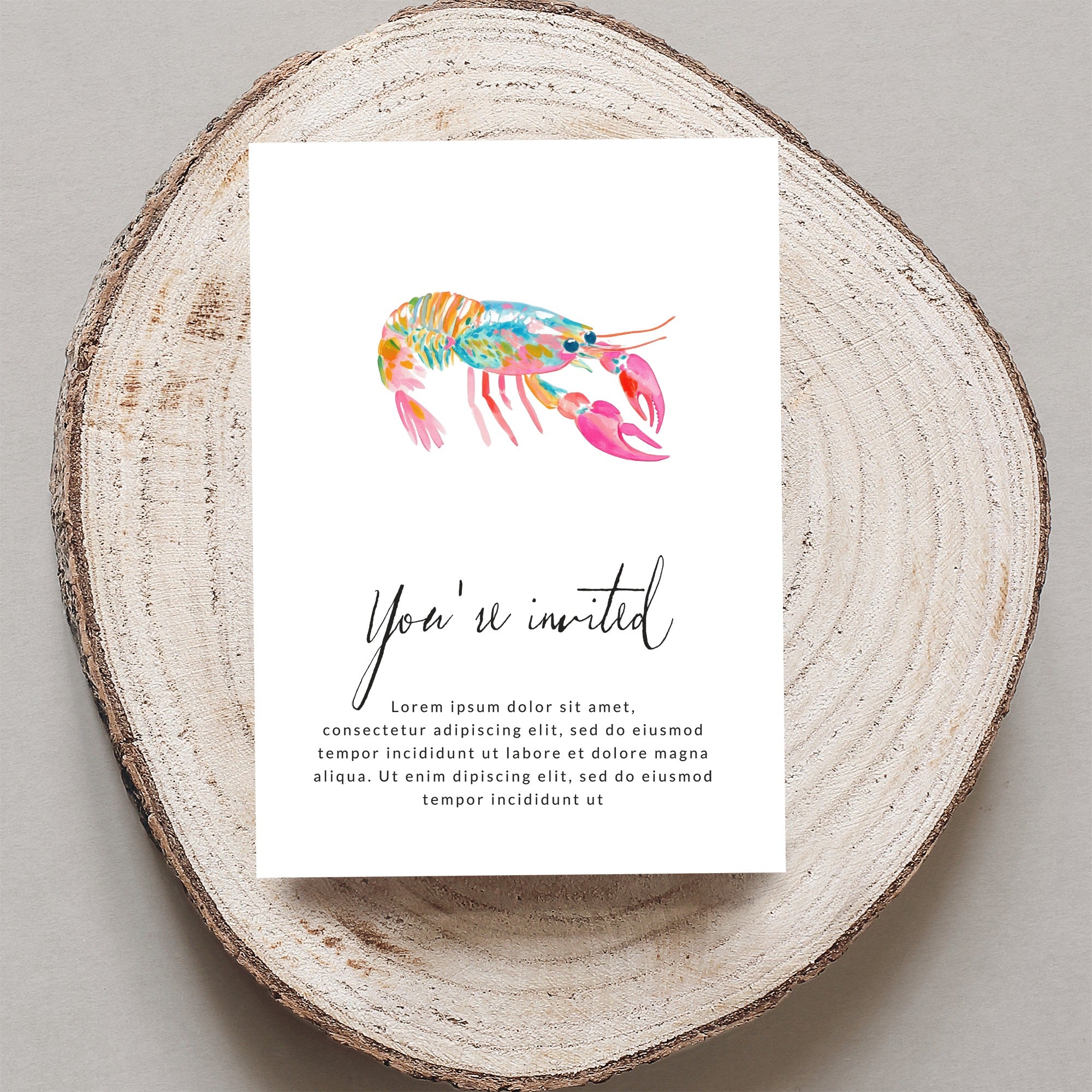 Invitation with watercolor lobster and decorative text.