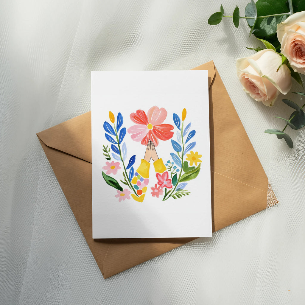 Card with colorful flowers and praying hands on brown envelope.