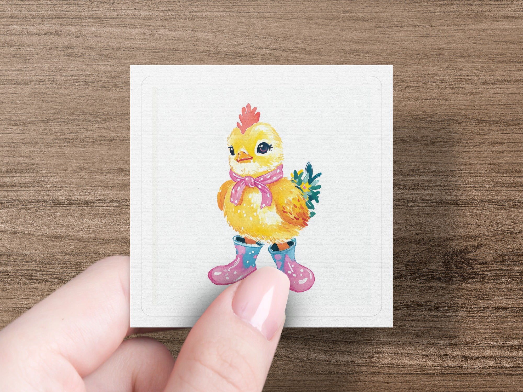 A watercolor chick wearing pink boots and a blue scarf.