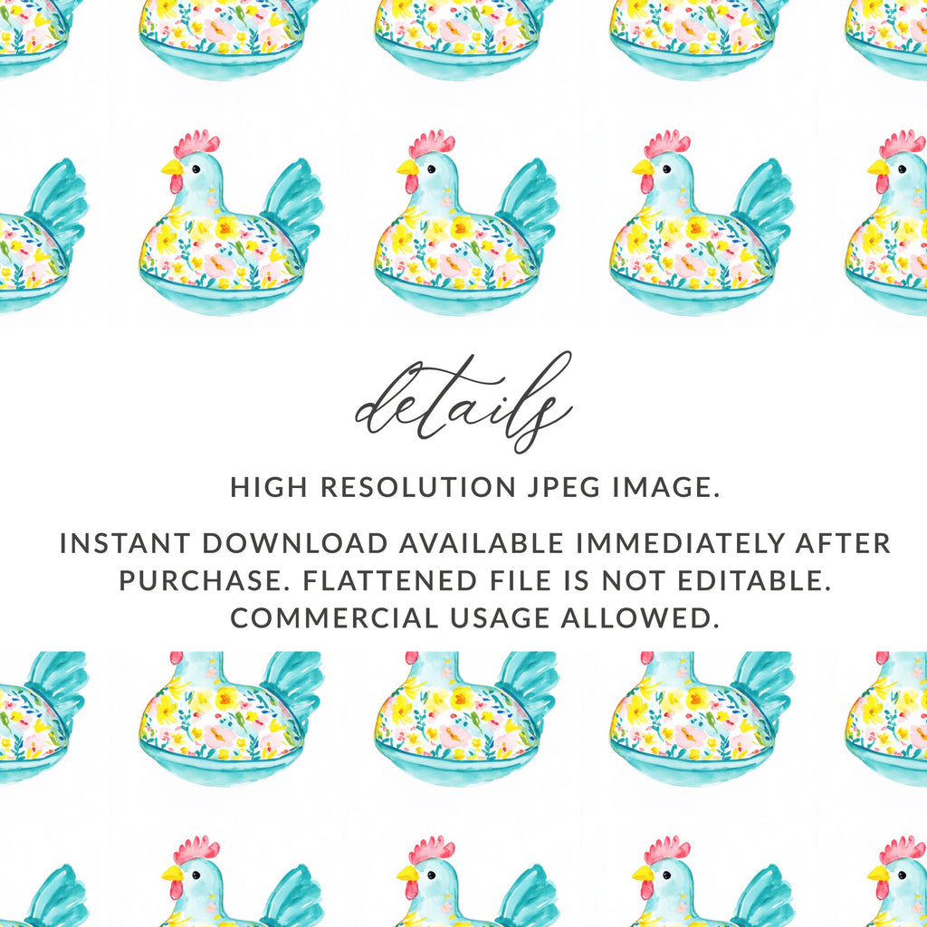 Blue Floral Chicken Watercolor Seamless Pattern Digital product type
Watercolor chicken
Floral pattern
Seamless design
Digital paper
Chicken illustration
Farm animal print
Blue chicken art
Spring pattern
Summer print
Easter pattern
Nursery print
Kids fabric design
Scrapbook paper
Craft supply
Commercial use
Instant download
JPG pattern
Pattern repeat
Cute chicken
Farmhouse decor