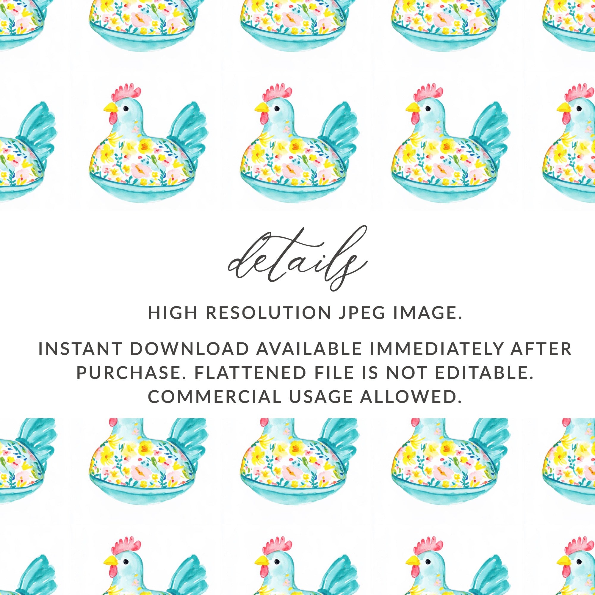 Blue Floral Chicken Watercolor Seamless Pattern Digital product type
Watercolor chicken
Floral pattern
Seamless design
Digital paper
Chicken illustration
Farm animal print
Blue chicken art
Spring pattern
Summer print
Easter pattern
Nursery print
Kids fabric design
Scrapbook paper
Craft supply
Commercial use
Instant download
JPG pattern
Pattern repeat
Cute chicken
Farmhouse decor