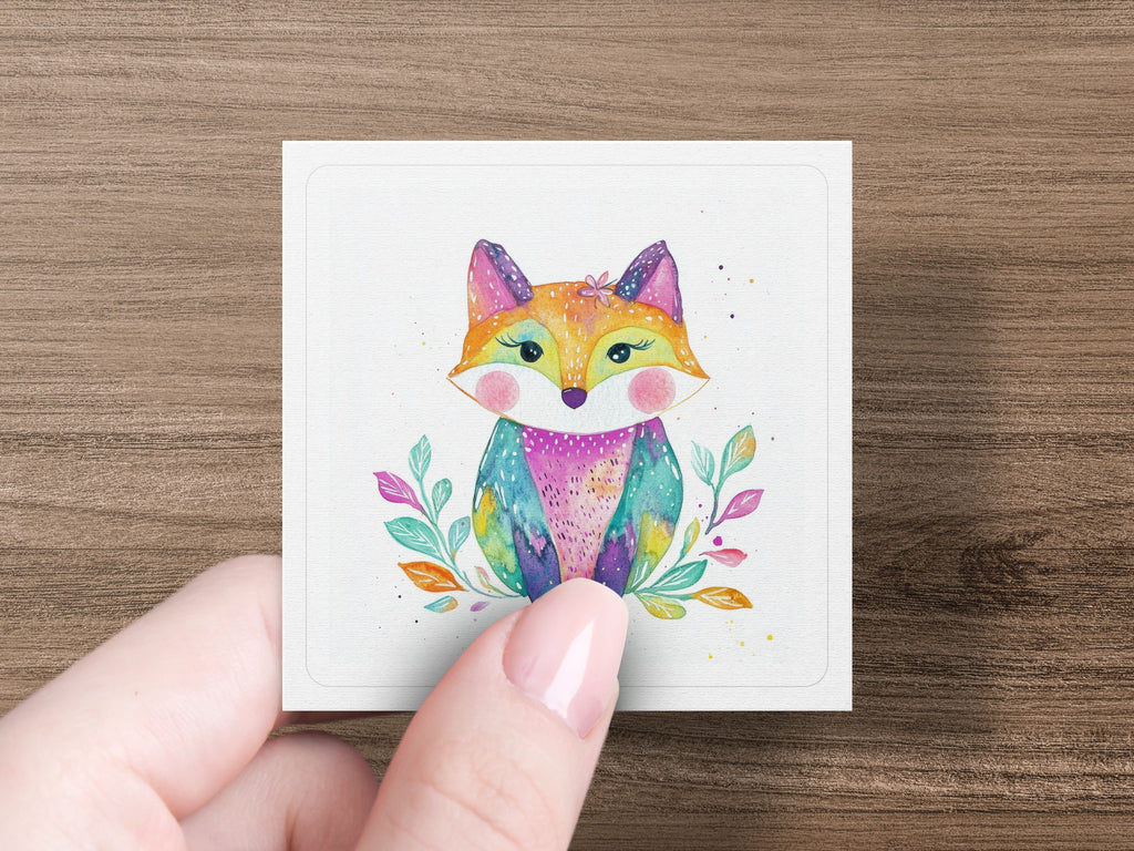 Watercolor fox illustration with colorful leaves and flowers.