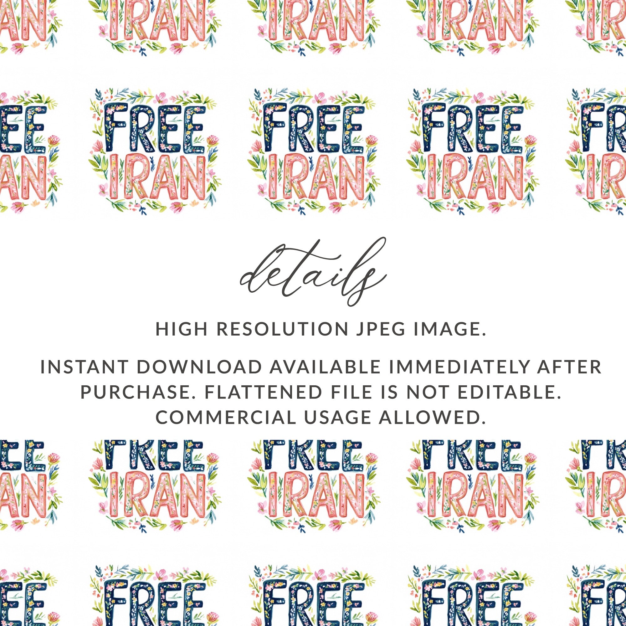 Free Iran Floral Pattern High Quality Digital Art product type

Free Iran
Iran Protest
Iran Rights
Women Life Freedom
Iranian
Digital Download
JPEG Image
Floral Pattern
Watercolor Design
Seamless Pattern
Graphic Design
Commercial Use
Instant Download
Sublimation Design
Digital Art
Print File
Support Iran
Human Rights
Pattern Repeat
Flower Wreath